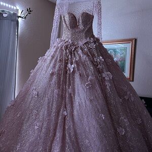 Elegant Long Sleeve Pink Gown. Rose Gold Quinceañera Dress by Mori Lee 89297